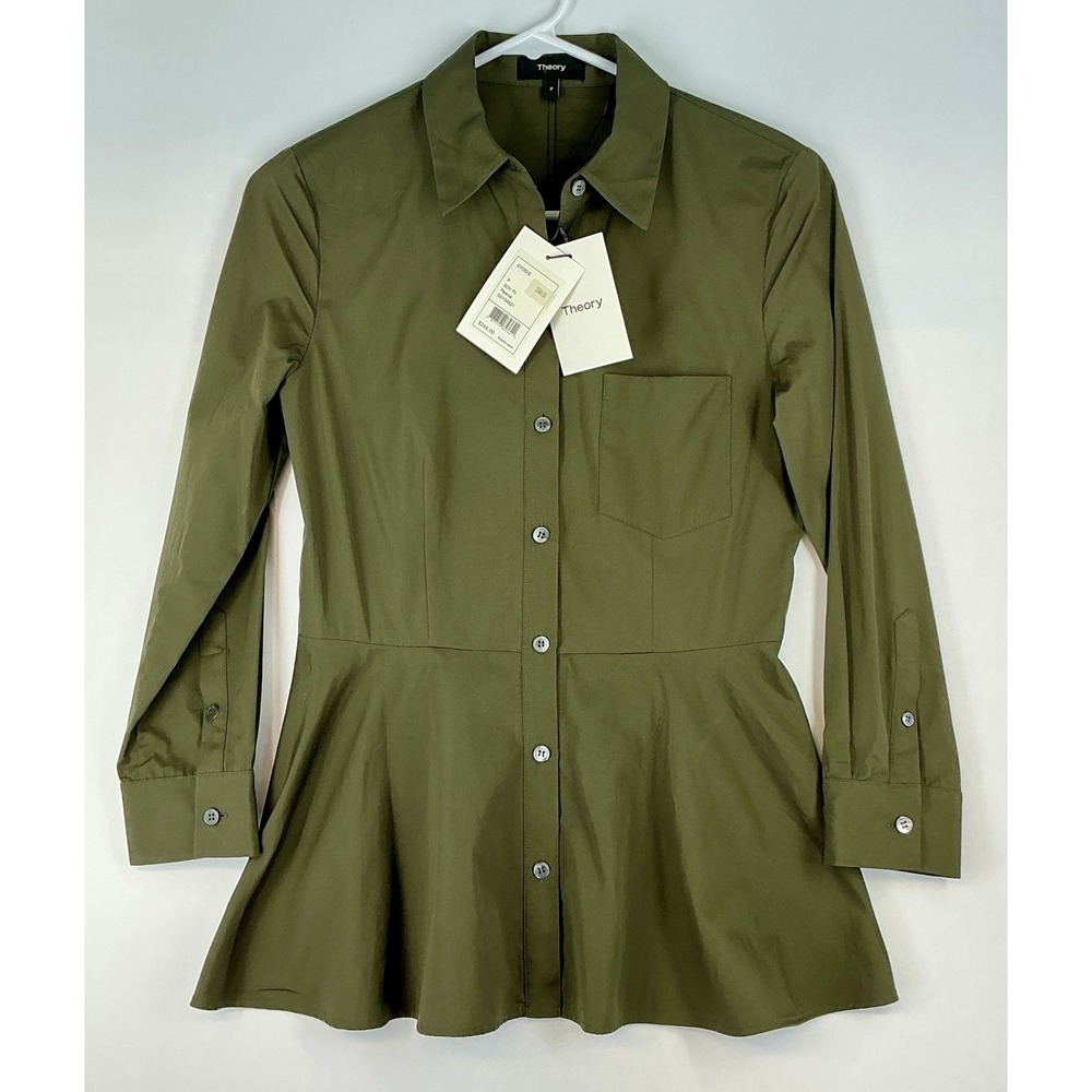 Theory Peplum Button Front Blouse Petite Olive Green‎ Collared Pocket Minimalist
